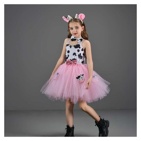 Cosplay Costume Outfits Halloween Carnival Suit Girl‘s Pink Cow Picture Skirt Mesh Tutu Dress