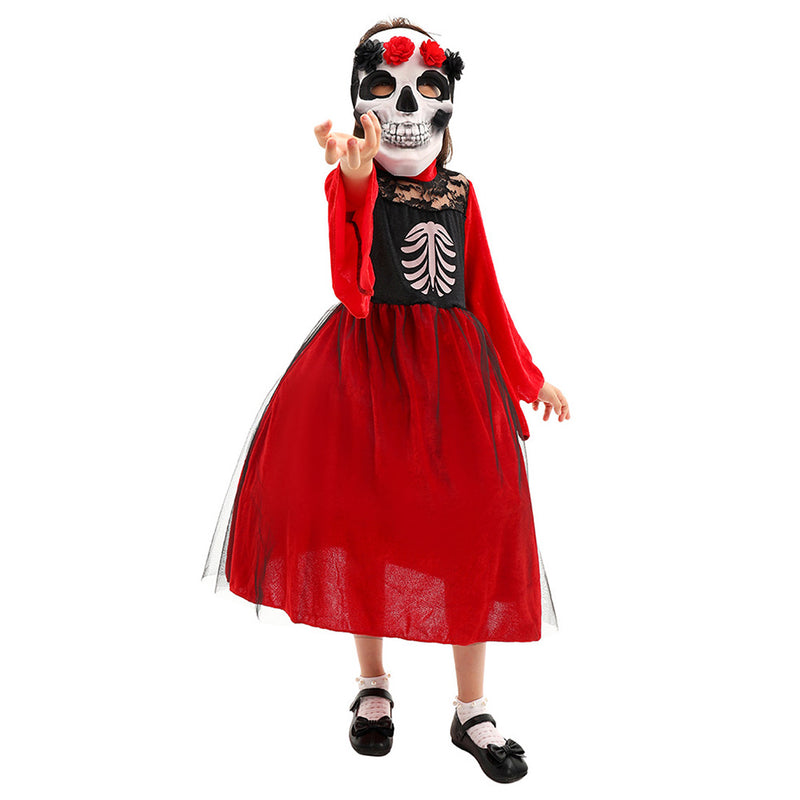 Cosplay Costume Outfits Halloween Carnival Suit Halloween Day of the Dead Girl Skeleton Mask Children‘s Dress