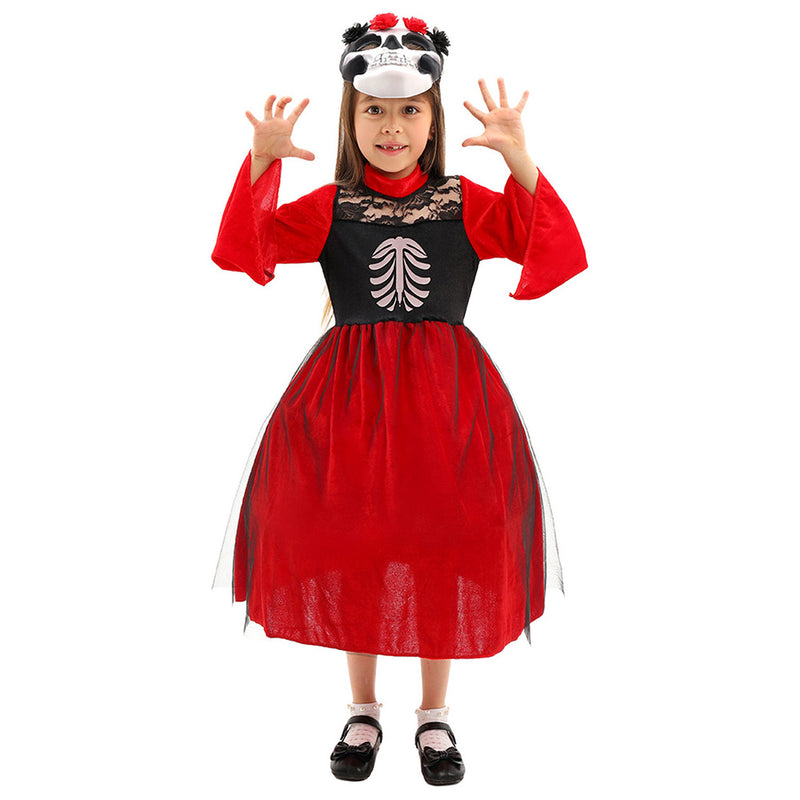 Cosplay Costume Outfits Halloween Carnival Suit Halloween Day of the Dead Girl Skeleton Mask Children‘s Dress