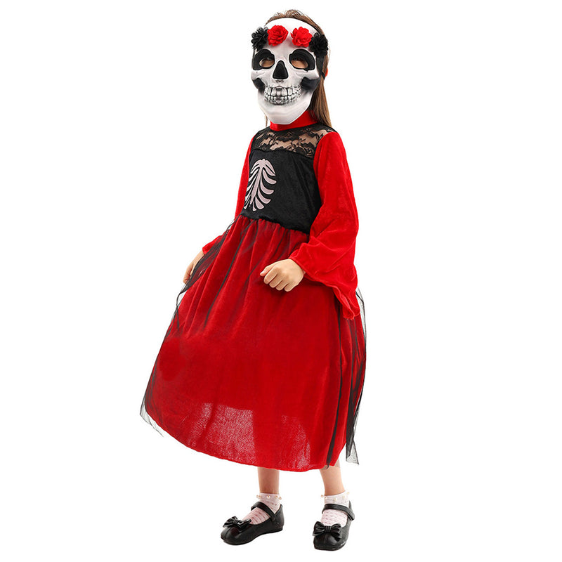 Cosplay Costume Outfits Halloween Carnival Suit Halloween Day of the Dead Girl Skeleton Mask Children‘s Dress