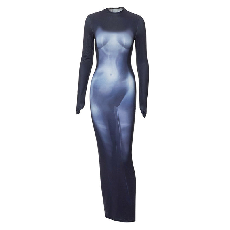 Cosplay Costume Outfits Halloween Carnival Suit Y2k 3D Body Print Maxi Dress Long Sleeve Stretchy Midi Dress body print dress