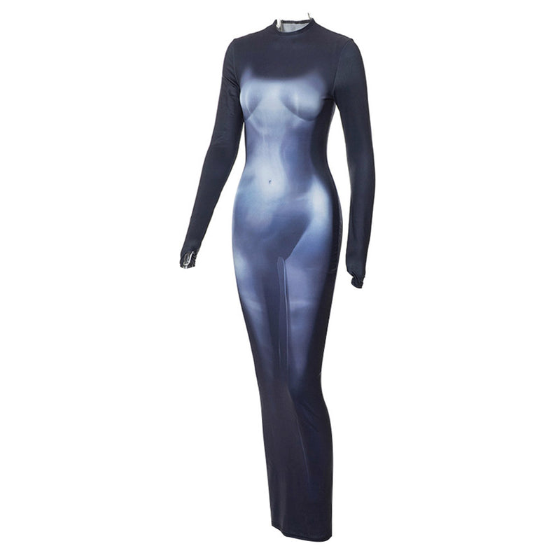 Cosplay Costume Outfits Halloween Carnival Suit Y2k 3D Body Print Maxi Dress Long Sleeve Stretchy Midi Dress body print dress