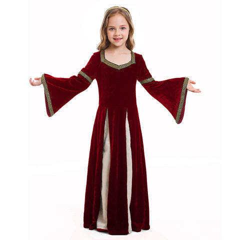 VeeGet Retro Medieval Kids Girls Red Dress Party Gown Costume Outfits Halloween Carnival Party Suit