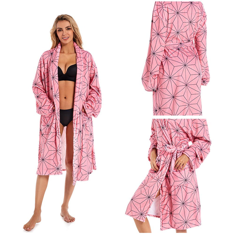 Demon Slayer Kamado Nezuko Cosplay Bathrobe Coral Fleece Bath Robe Dressing Gown Cloak