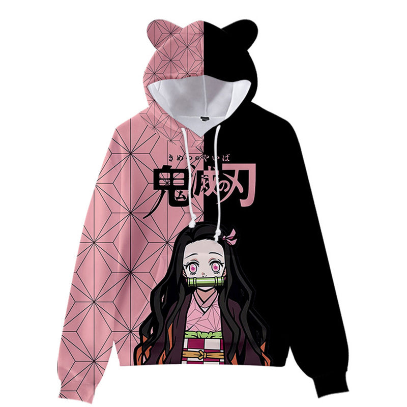 Demon Slayer Kamado Nezuko Cosplay Hoodie 3D Print Hooded Ear Pullover Sweatshirt Streetwear Jacket Coat