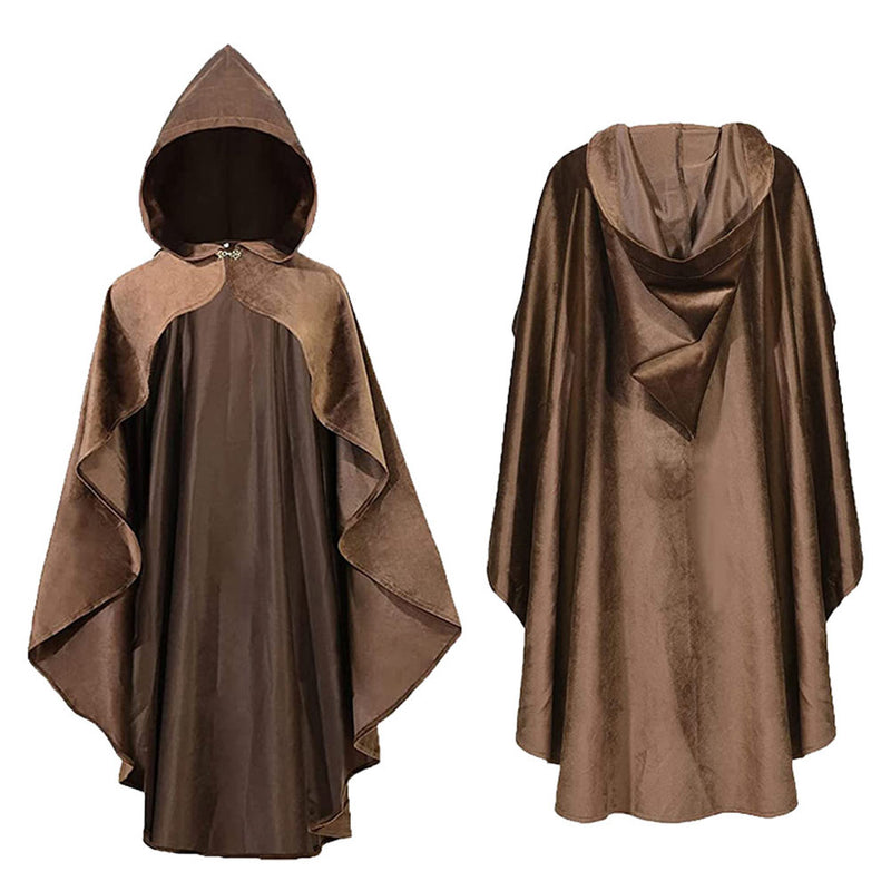 Fecatal Medieval Cloak Robe Hooded Cape Renaissance Steampunk Cloak Gothic Punk Witch Wizard Vampire Cosplay Cloak Knight Vintage Cape Brown