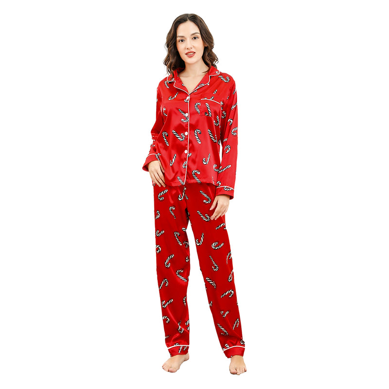 Firecos Women\'s Pajamas Set Christmas Printed Sleepwear Satin Family Pajamas Outfits Halloween Cosp