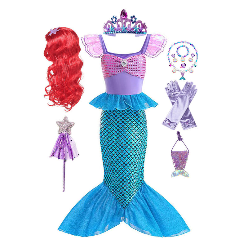 For Kids Girls Ariel Cosplay Costume Dress Wig Outfits Halloween Carnival Party Suit