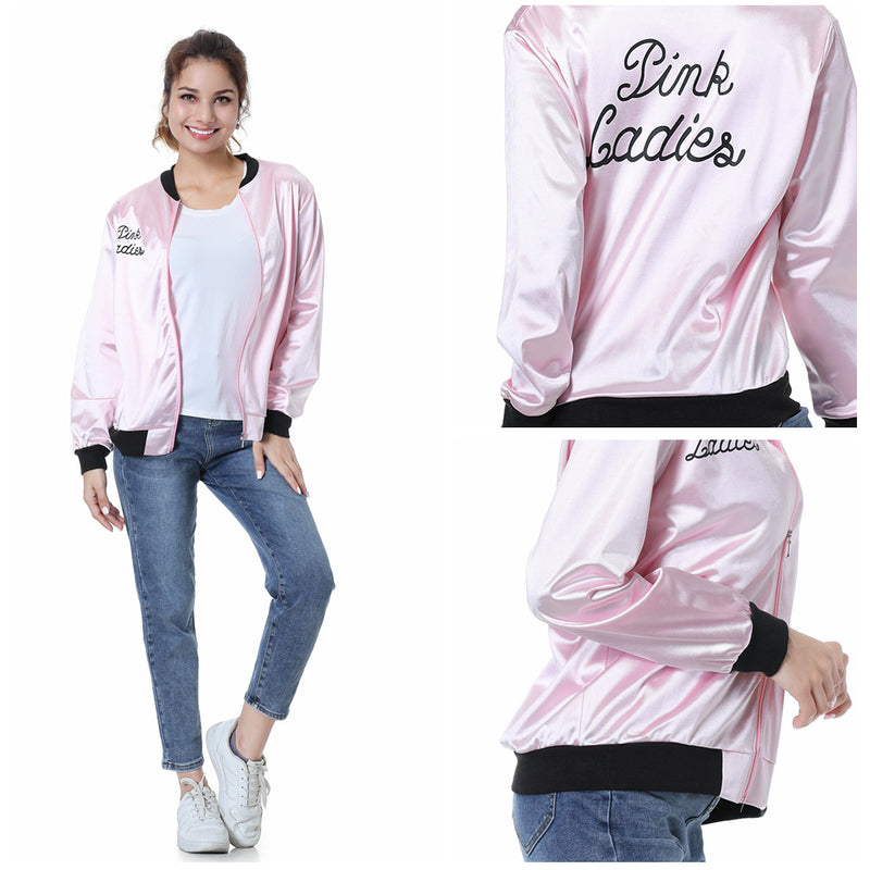 Grease Pink Ladies Cosplay Jacket Adult Satin Coat Costume Retro Fancy Jacket Halloween Carnival Party Suit