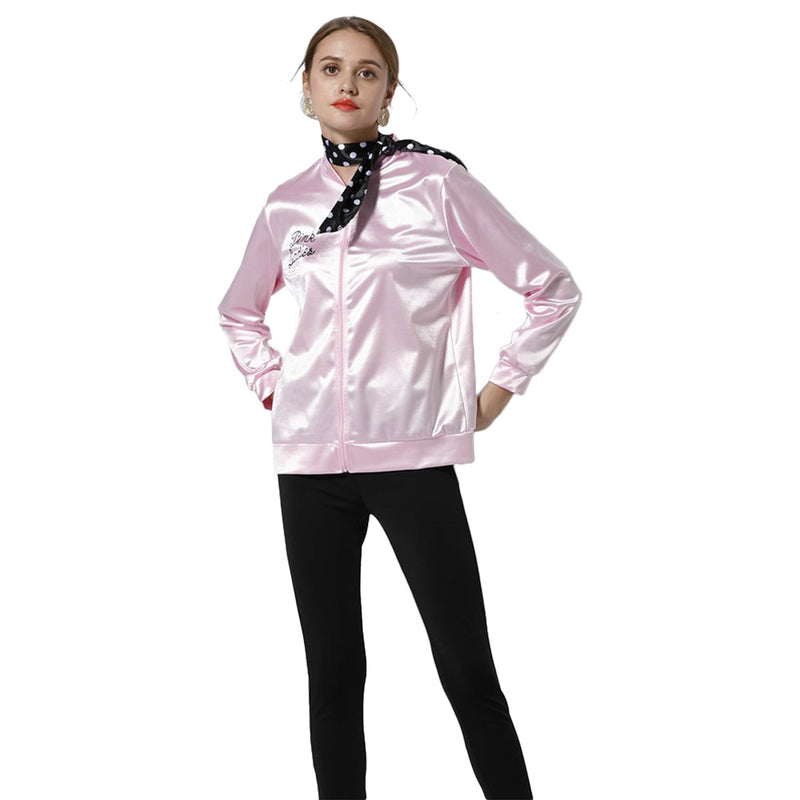 Grease Pink Ladies Cosplay Jacket Adult Women Satin Coat With  Neckscarf Costume Retro Fancy Jacket Halloween Carnival Party Suit