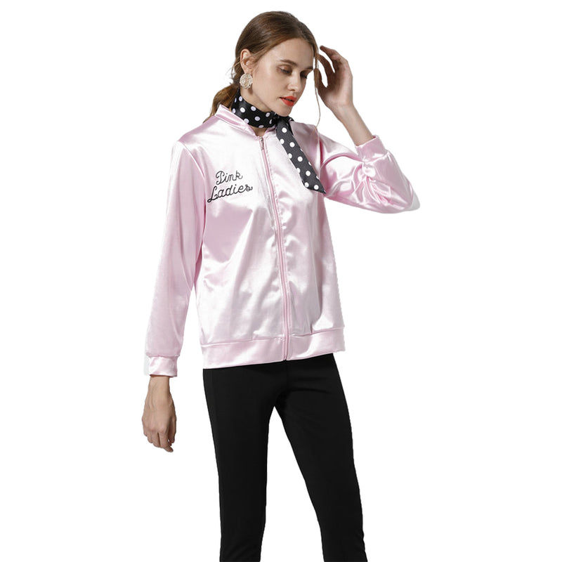 Grease Pink Ladies Cosplay Jacket Adult Women Satin Coat With  Neckscarf Costume Retro Fancy Jacket Halloween Carnival Party Suit