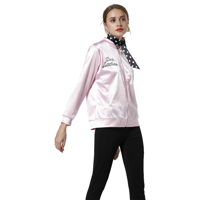 Grease Pink Ladies Cosplay Jacket Adult Women Satin Coat With  Neckscarf Costume Retro Fancy Jacket Halloween Carnival Party Suit