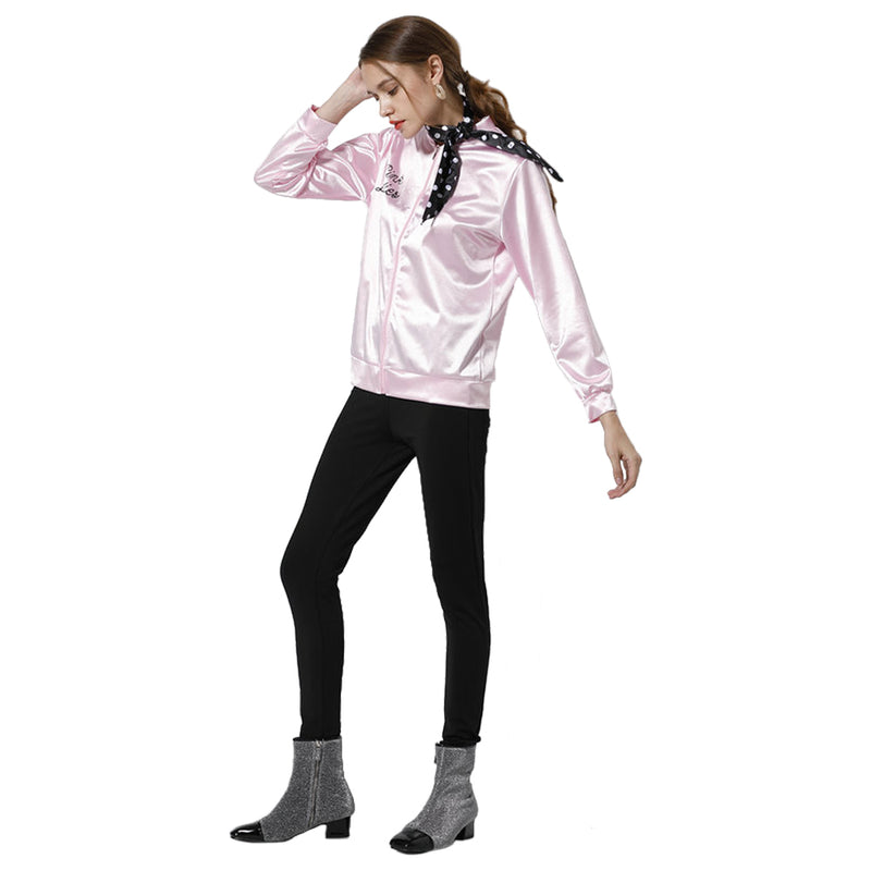 Grease Pink Ladies Cosplay Jacket Adult Women Satin Coat With  Neckscarf Costume Retro Fancy Jacket Halloween Carnival Party Suit