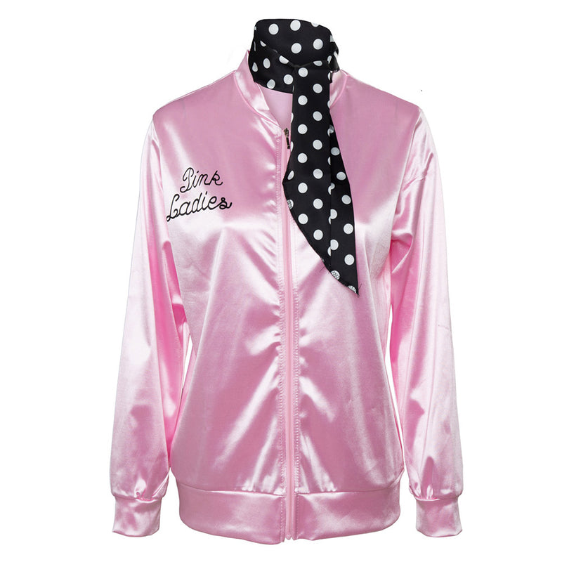 Grease Pink Ladies Cosplay Jacket Kids Children Satin Coat With  Neckscarf Costume Retro Fancy Jacket Halloween Carnival Party Suit