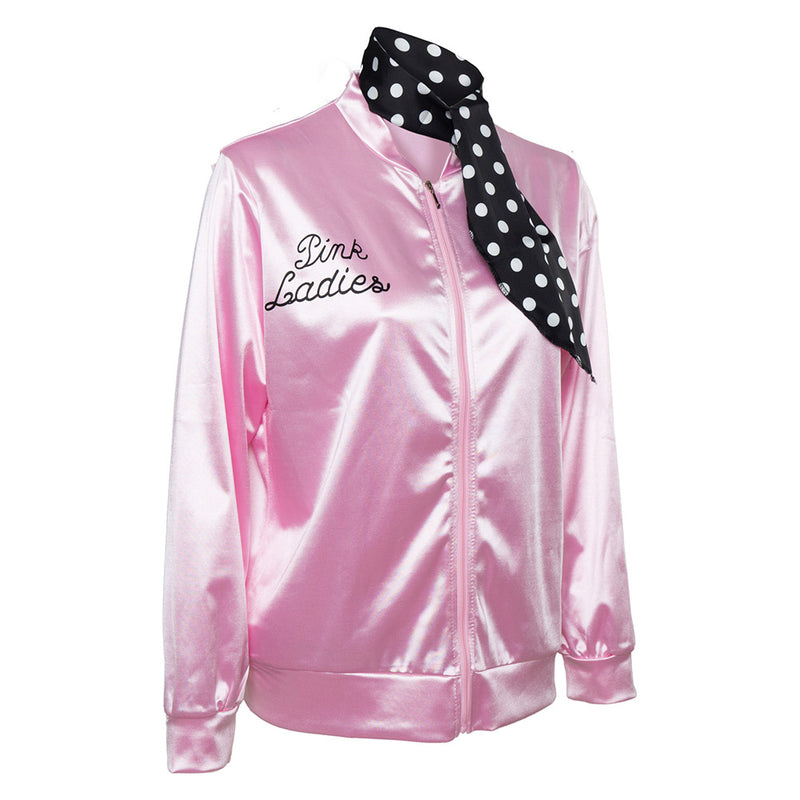 Grease Pink Ladies Cosplay Jacket Kids Children Satin Coat With  Neckscarf Costume Retro Fancy Jacket Halloween Carnival Party Suit