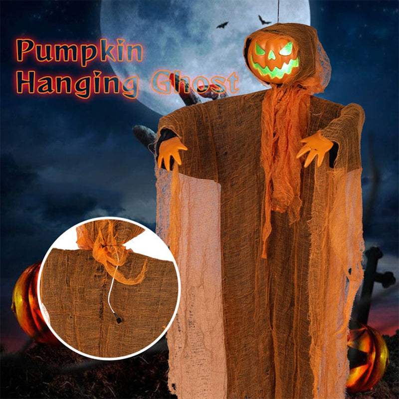 Halloween Pumpkin Party Decoration Hanging Head Green Light Turning Head Pumpkin Glowing Sound Hanging Decoration Props Courtyard