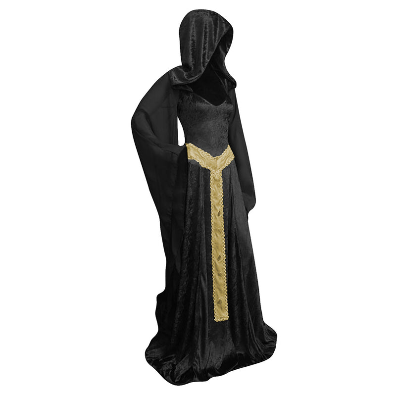 Halloween Women Retro Medieval Gothic Witch hooded Batwing Dress Robe Witch Gown