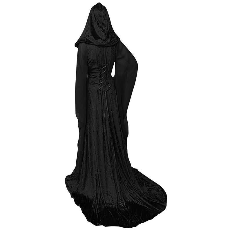 Halloween Women Retro Medieval Gothic Witch hooded Batwing Dress Robe Witch Gown