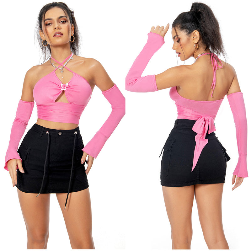 halter neck tank y2k tank top Pink Lace Up Top Cosplay Costume Halloween Carnival Party Disguise Suit