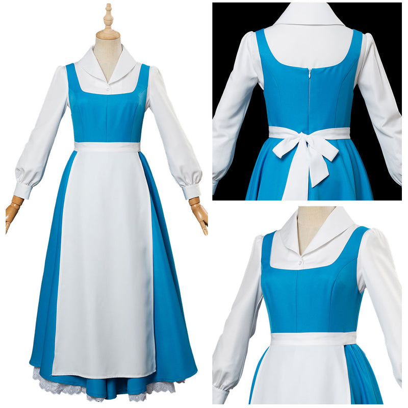 In Stock Adult Princess Belle Cosplay Costume Blue Maid Dress Full Set Halloween Carnival Costumes For Women Girls Custom Made New