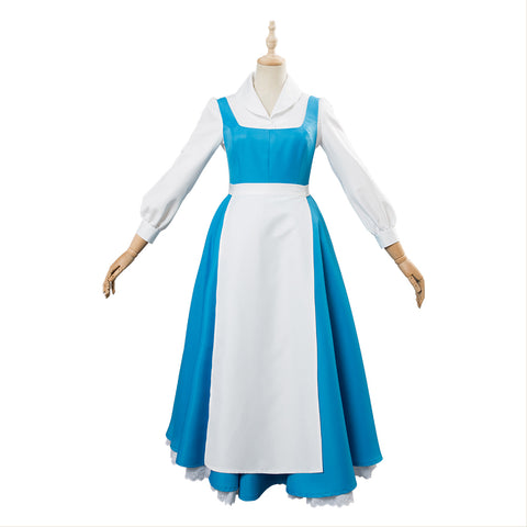 In Stock Adult Princess Belle Cosplay Costume Blue Maid Dress Full Set Halloween Carnival Costumes For Women Girls Custom Made New