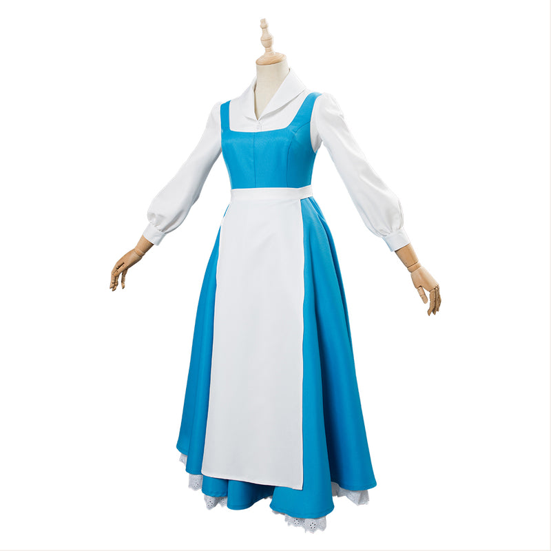 In Stock Adult Princess Belle Cosplay Costume Blue Maid Dress Full Set Halloween Carnival Costumes For Women Girls Custom Made New