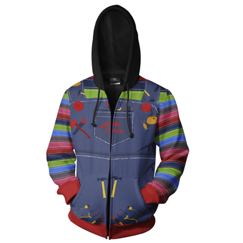 In Stock Child\'s Play Cosplay Zip Up Hoodie printed Hoody sweat Unisex Coat trên đồi nhiệt đới