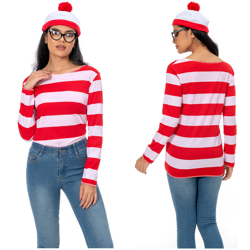 In Stock Where\\\'s Waldo Now Red&&White Stripes Cosplay Costume Adult Women T Shirt Sweater+Hat+Glasses For Christmas Halloween Party Suit