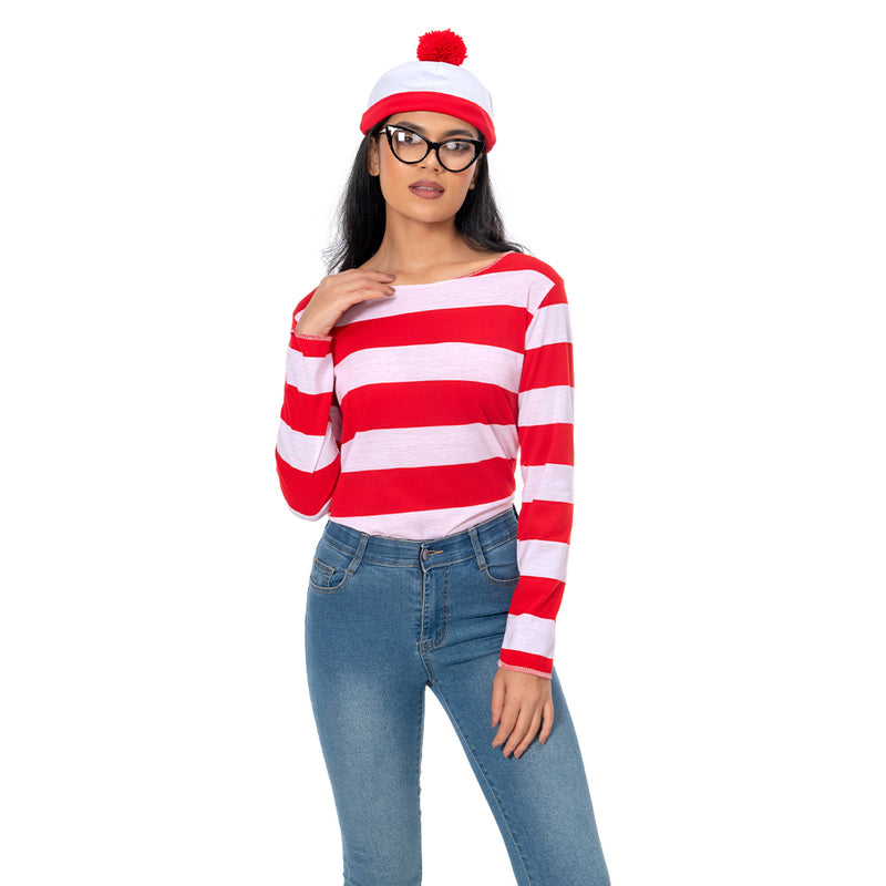 In Stock Where\\\'s Waldo Now Red&&White Stripes Cosplay Costume Adult Women T Shirt Sweater+Hat+Glasses For Christmas Halloween Party Suit