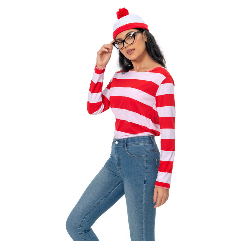 In Stock Where\\\'s Waldo Now Red&&White Stripes Cosplay Costume Adult Women T Shirt Sweater+Hat+Glasses For Christmas Halloween Party Suit