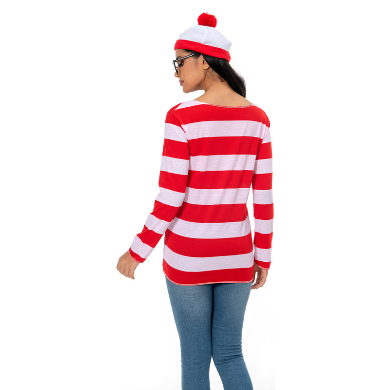 In Stock Where\\\'s Waldo Now Red&&White Stripes Cosplay Costume Adult Women T Shirt Sweater+Hat+Glasses For Christmas Halloween Party Suit