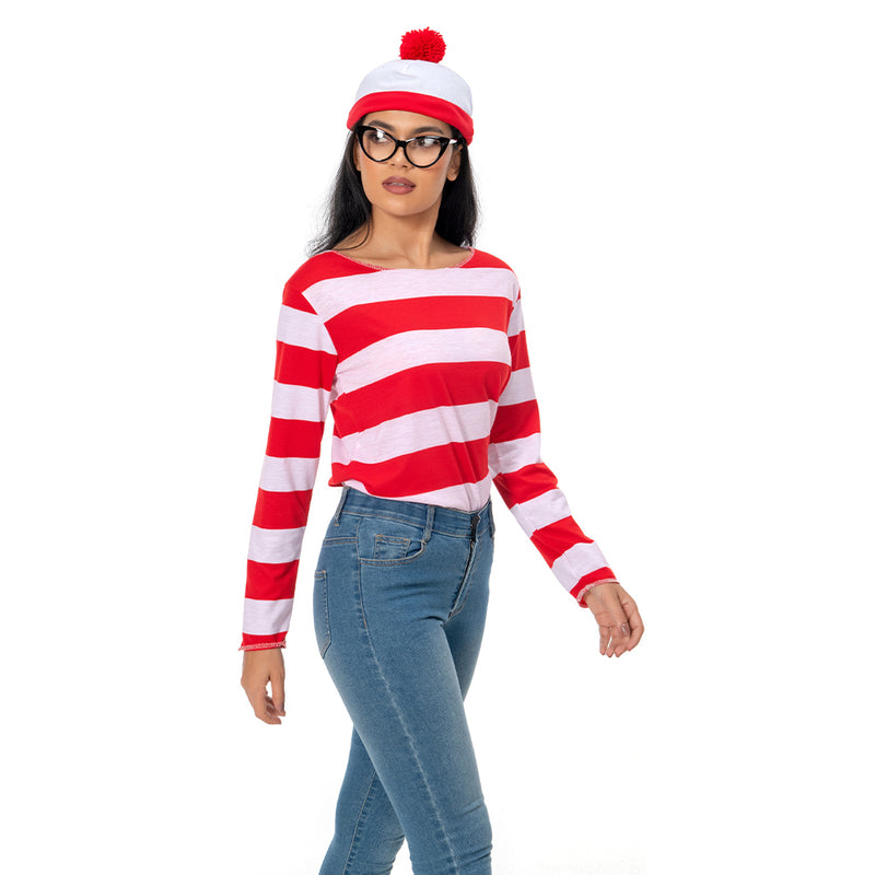 In Stock Where\\\'s Waldo Now Red&&White Stripes Cosplay Costume Adult Women T Shirt Sweater+Hat+Glasses For Christmas Halloween Party Suit