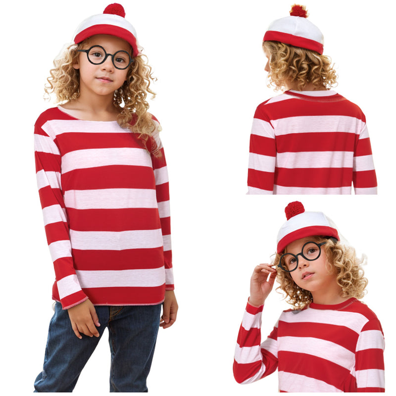 In Stock Where\\\'s Wally Costume Waldo Now Red&White Cosplay Costume Shirt Sweater+Hat+Glasses Halloween Full Set For Kid Men Women