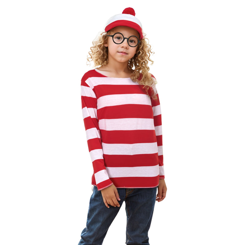 In Stock Where\\\'s Wally Costume Waldo Now Red&White Cosplay Costume Shirt Sweater+Hat+Glasses Halloween Full Set For Kid Men Women