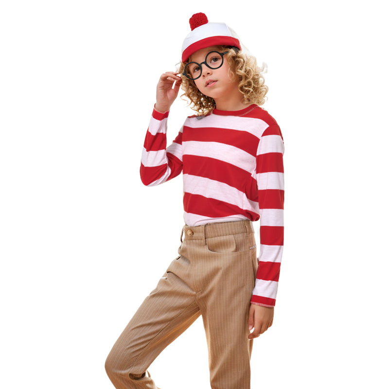 In Stock Where\\\'s Wally Costume Waldo Now Red&White Cosplay Costume Shirt Sweater+Hat+Glasses Halloween Full Set For Kid Men Women