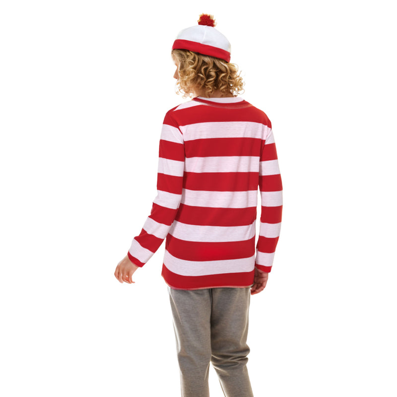 In Stock Where\\\'s Wally Costume Waldo Now Red&White Cosplay Costume Shirt Sweater+Hat+Glasses Halloween Full Set For Kid Men Women