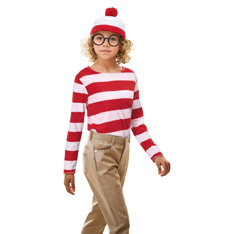 In Stock Where\\\'s Wally Costume Waldo Now Red&White Cosplay Costume Shirt Sweater+Hat+Glasses Halloween Full Set For Kid Men Women