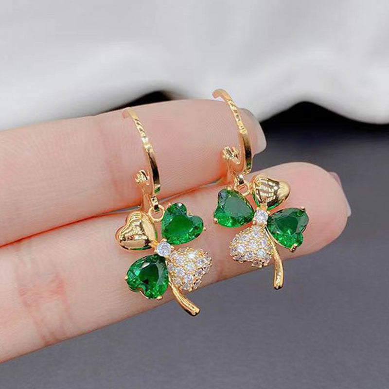 JRCRIN four-leaf clover earrings 2022 green four-leaf clover earrings ladies binaural earrings popular beautiful metal allergies corresponding to zirconia rocking earrings for ladies