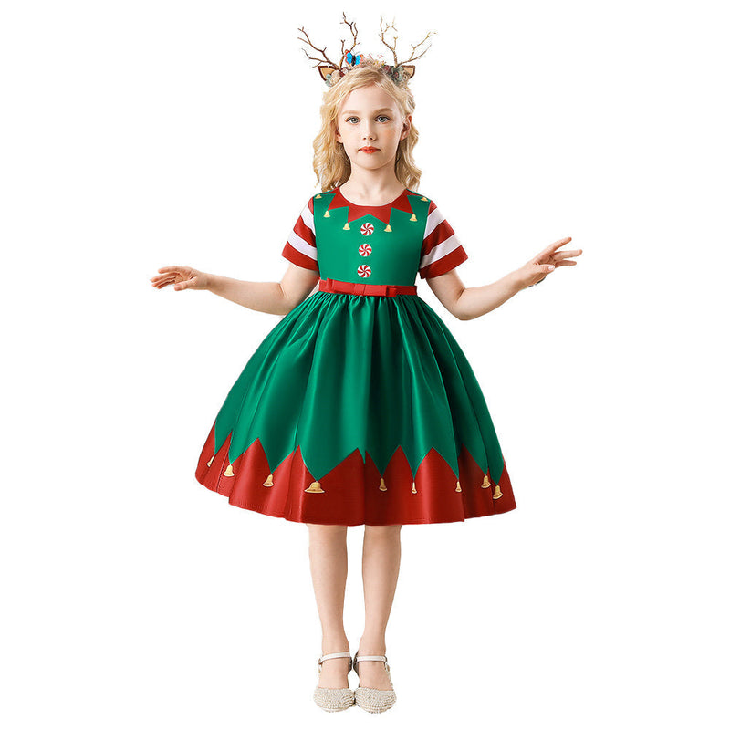 VeeGet Kids Children Christmas Elf Green Dress Outfits Christmas Carnival Suit Cosplay Costume