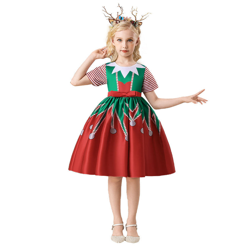 VeeGet Kids Children Christmas Elf Red Dress Outfits Christmas Carnival Suit Cosplay Costume