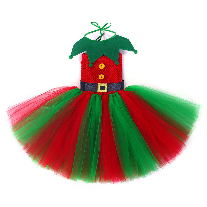 VeeGet Kids Girls Christmas TUTU Dress ELF Cosplay Costume Outfits Christmas Carnival Suit GirlKidsCostume