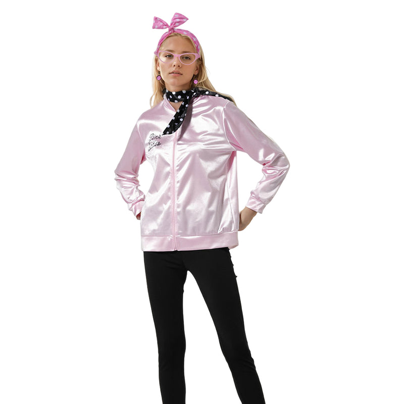 Lixinya Women\'s 50s Ladys Pink Satin Jacket Jacket with Neck Scarfs Halloween Cosplay Costume