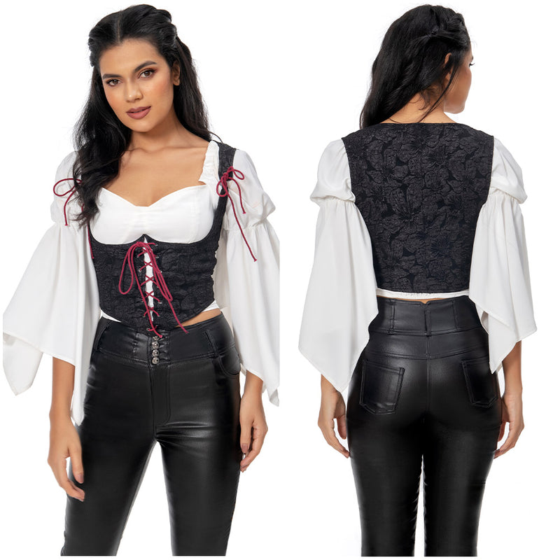 Medieval Vest Costume Women Renaissance Waistcoat Tops Black Corset Lace Up Vest  Halloween Carnival Suit