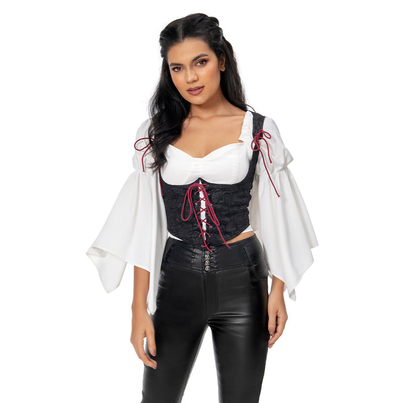 Medieval Vest Costume Women Renaissance Waistcoat Tops Black Corset Lace Up Vest  Halloween Carnival Suit