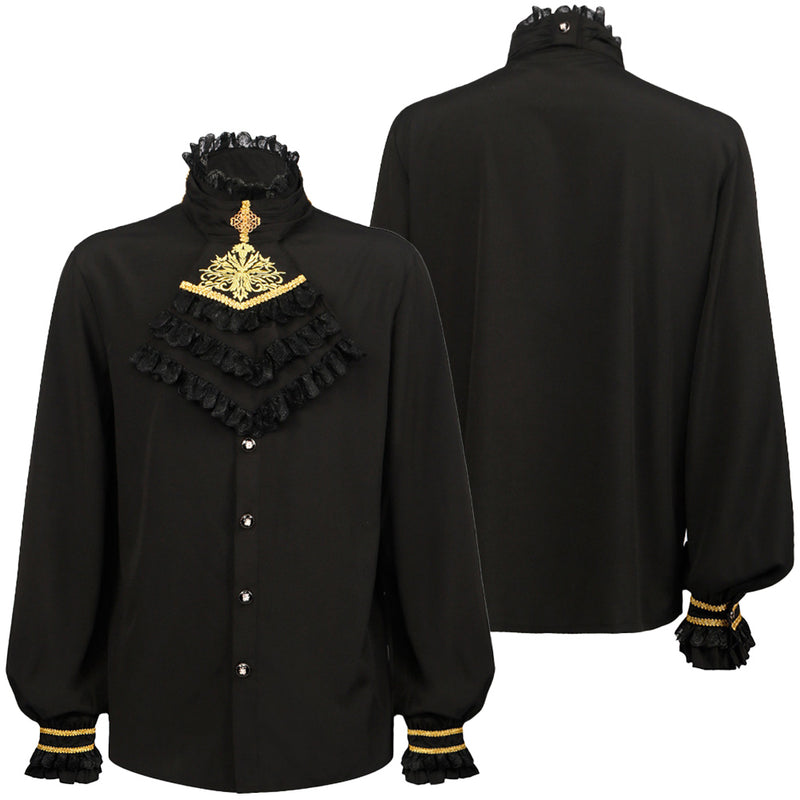 Men Long Sleeve Renaissance Medieval Victorian Pirate Gothic Retro Stand Collar Shirt Top Costume