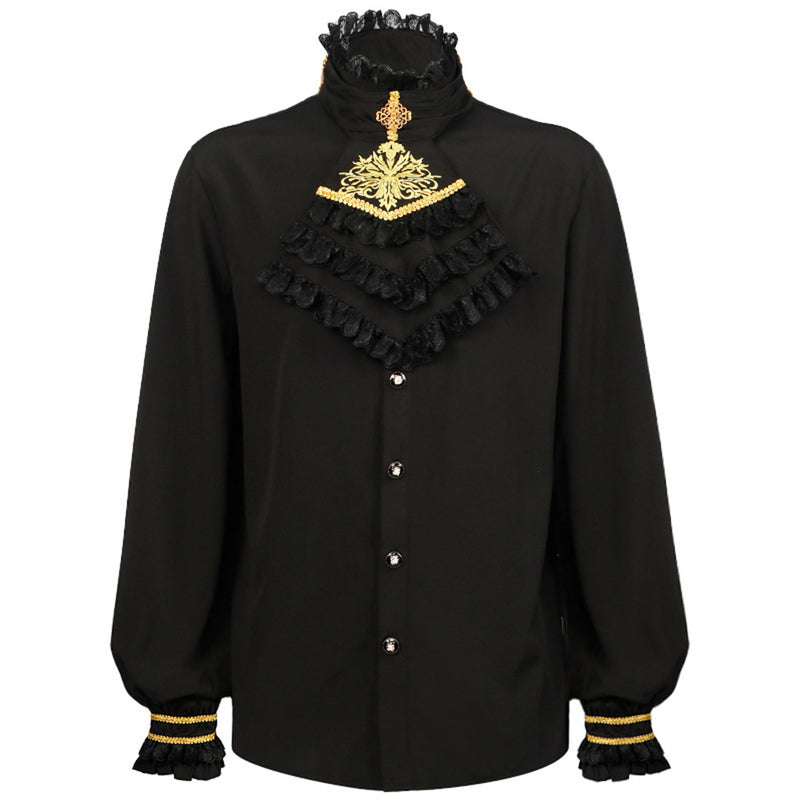 Men Long Sleeve Renaissance Medieval Victorian Pirate Gothic Retro Stand Collar Shirt Top Costume