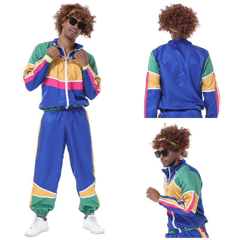 Men Retro Vintage hip-hop disco Cosplay Costume Jacket Pants Headband Sprotwear Outfits Halloween Carnival Suit