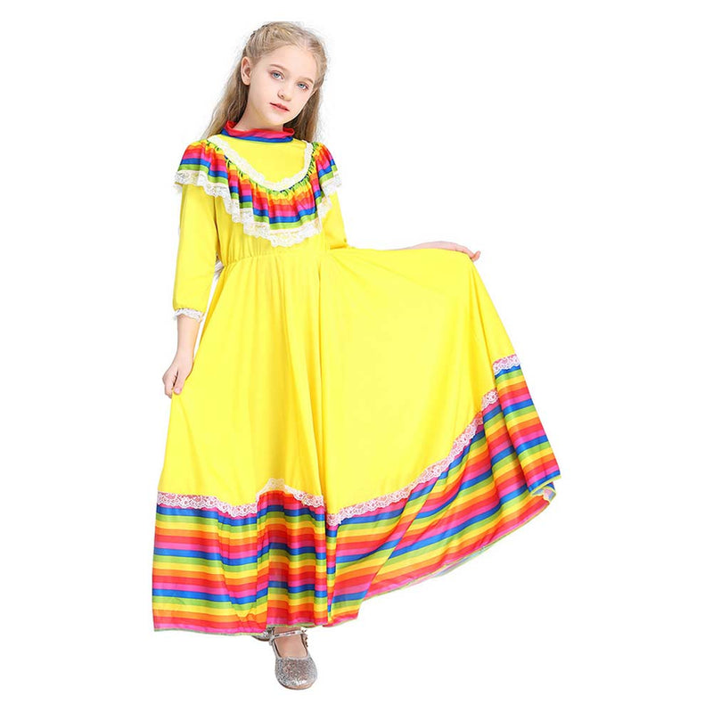 Mexican Dress Birthday Party Halloween Costume Kids Child Mexico Big Circle Long Gypsy Flamenco Dance Skirt