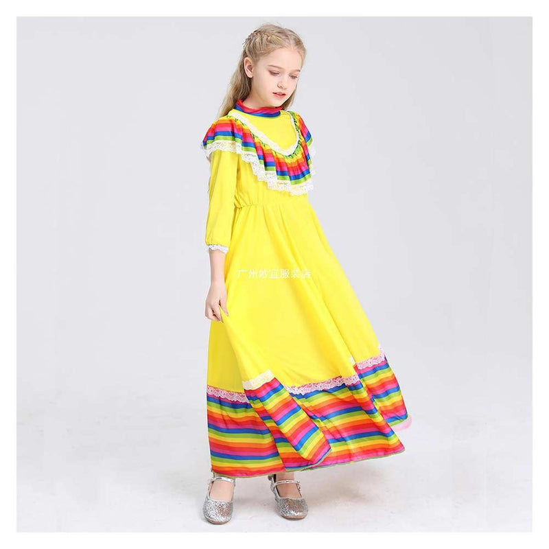 Mexican Dress Birthday Party Halloween Costume Kids Child Mexico Big Circle Long Gypsy Flamenco Dance Skirt