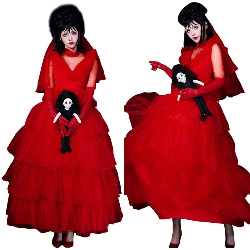 Movie Beetle Juice Lydia Cosplay Costume Red Wedding Dress Outfits Halloween Carnival Suit